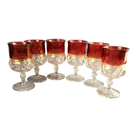 Tiffin Franciscan Kings Crown Ruby Thumbprint Flashed Glasses Barware Wine Set V - Picture 3 of 14